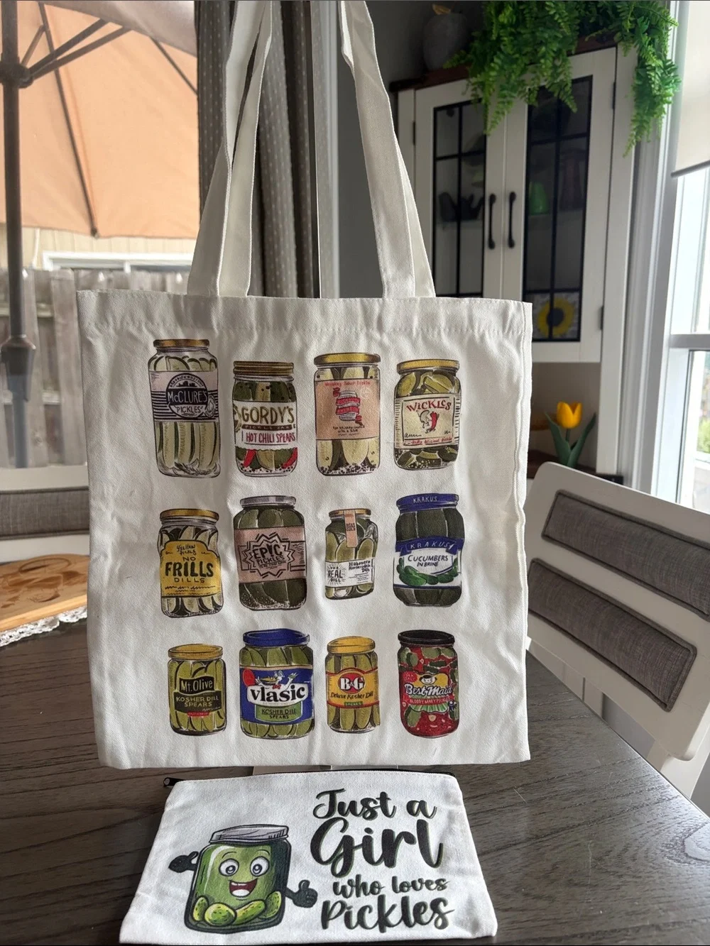White Pickle Jar Print Canvas Tote Bag with Zippered pouch